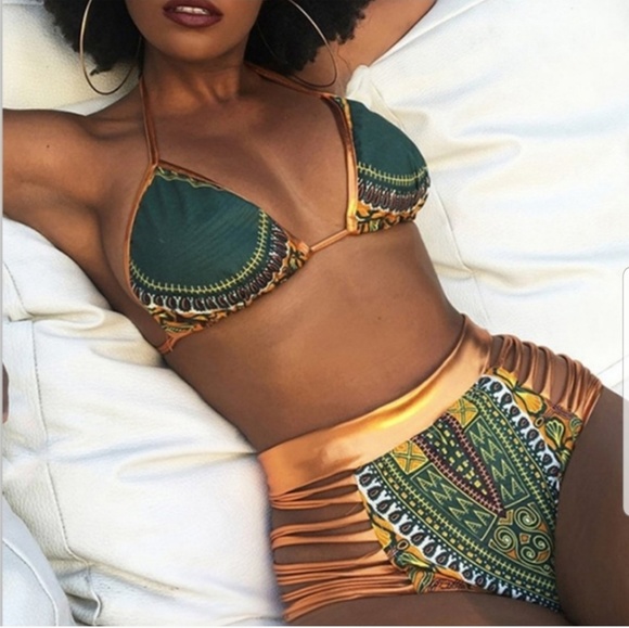 High Waist Bikini Teal & Gold Tribal Aztec Boho - Picture 2 of 7